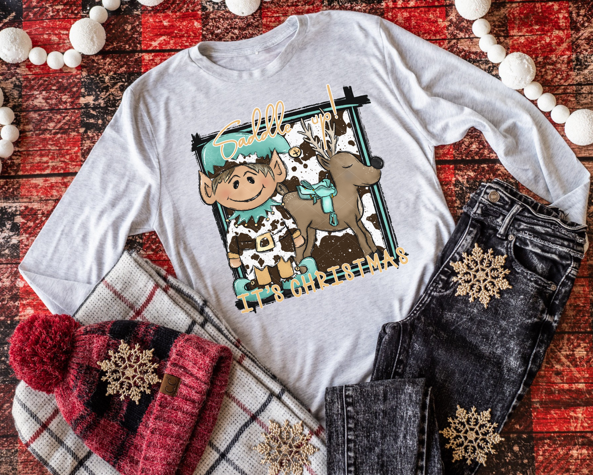 Saddle Up It's Christmas Male Elf Reindeer Teal 112383 DTF TRANSFER