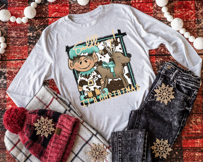 Saddle Up It's Christmas Male Elf Reindeer Teal DTF TRANSFER