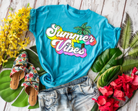 Summer Vibes (white 70's vibe lettering with colorful drop shadow, palm tree) 9001 DTF TRANSFER