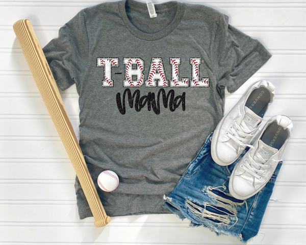 T-Ball Mama (block letters filled with baseball print, black handwriting lettering) DTF TRANSFER