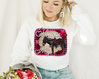 Kiss My (donkey with pink plaid saddle, pink plaid, burlap, pink roses, hearts, white cursive lettering) 1651 DTF TRANSFER