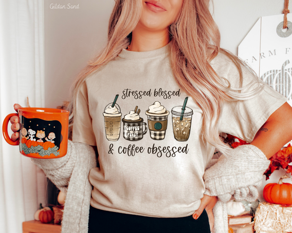 Stressed Blessed And Coffee Obsessed Coffee First (Plaid Brown) 8381 DTF TRANSFER
