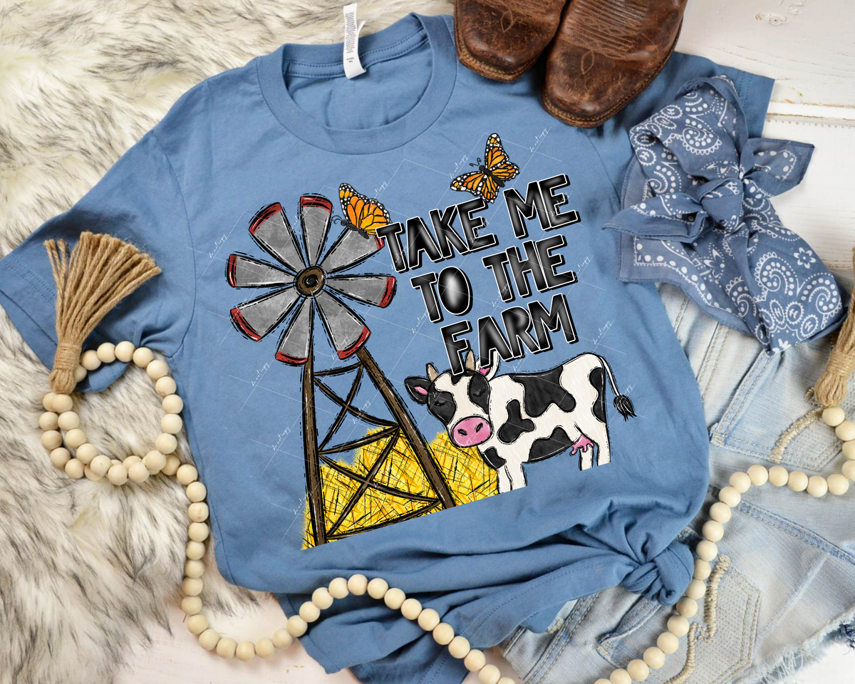 Take Me To The Farm (windmill, cow, hay, butterflies, black with white outline block lettering) 112194 DTF TRANSFER