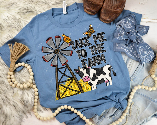 Take Me To The Farm (windmill, cow, hay, butterflies, black with white outline block lettering) DTF TRANSFER