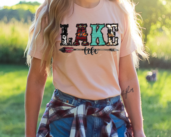 Lake Life (filled block lettering with cow print, teal barn wood, western print, black handwriting) 1657 DTF TRANSFER