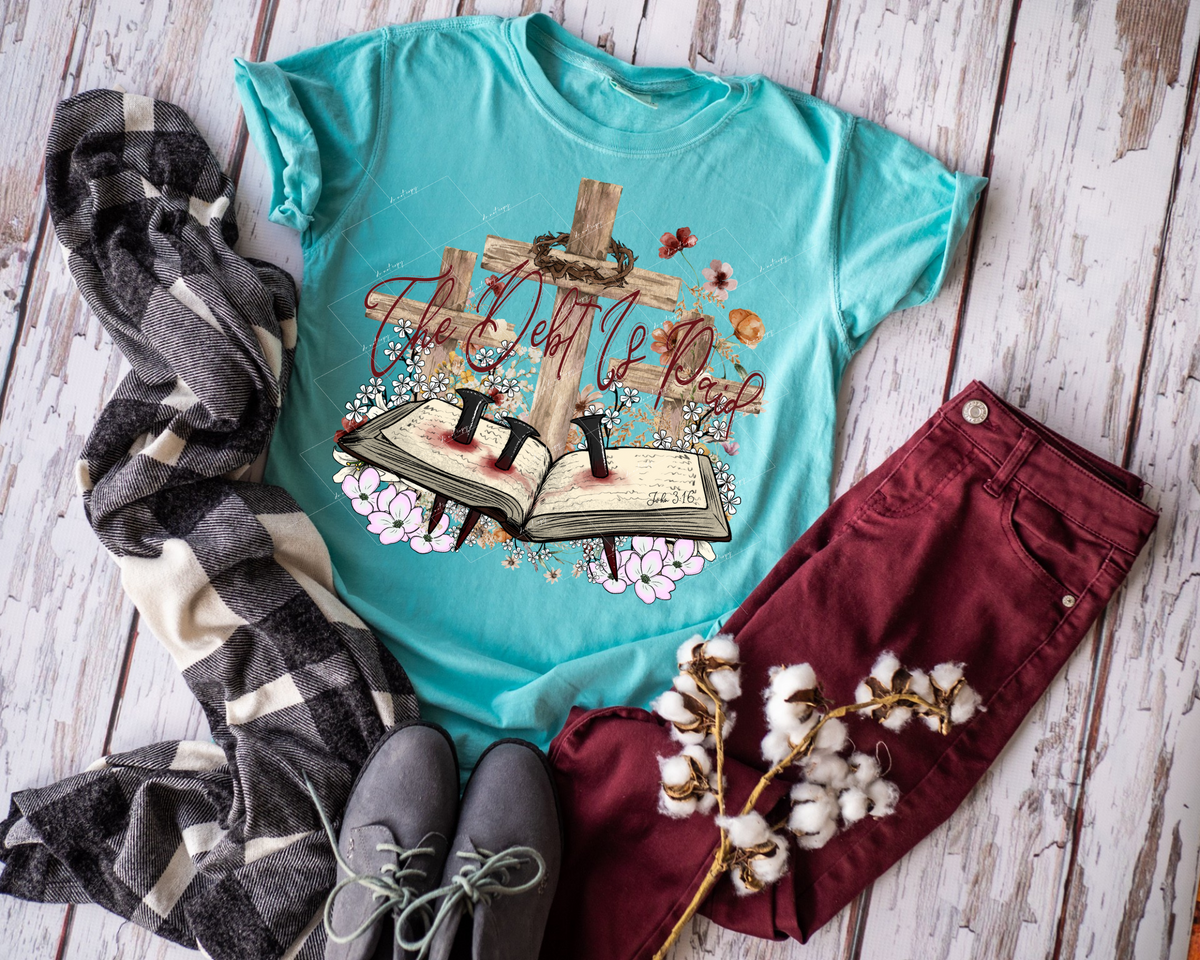 The Debt Is Paid (wooden crosses, nails, book, crown of thorns, flowers, red lettering) DTF TRANSFER