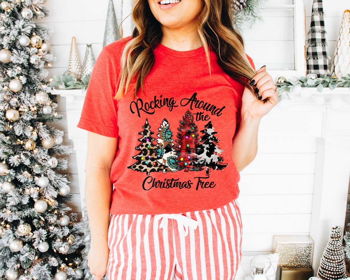 Rocking Around The Christmas Tree Leopard Cow Print Christmas Tree (Black Writing) 8615 DTF TRANSFER