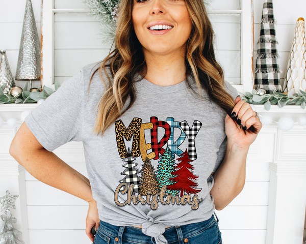 Merry Christmas Leopard Print Red Christmas Tree (Multi Color Writing) 8453 DTF TRANSFER