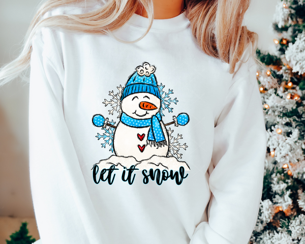 Let It Snow White Snowman Blue Hat Scarf (Black Font) 8476 DTF TRANSFER