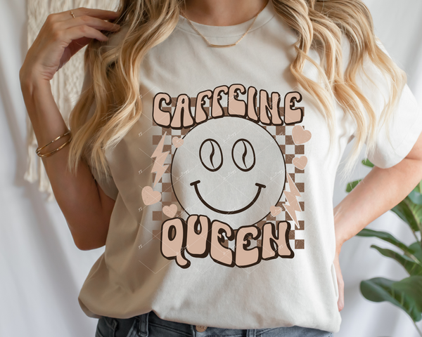 Caffeine Queen (smiley face, checker background, neutral colors) 9035 DTF TRANSFER