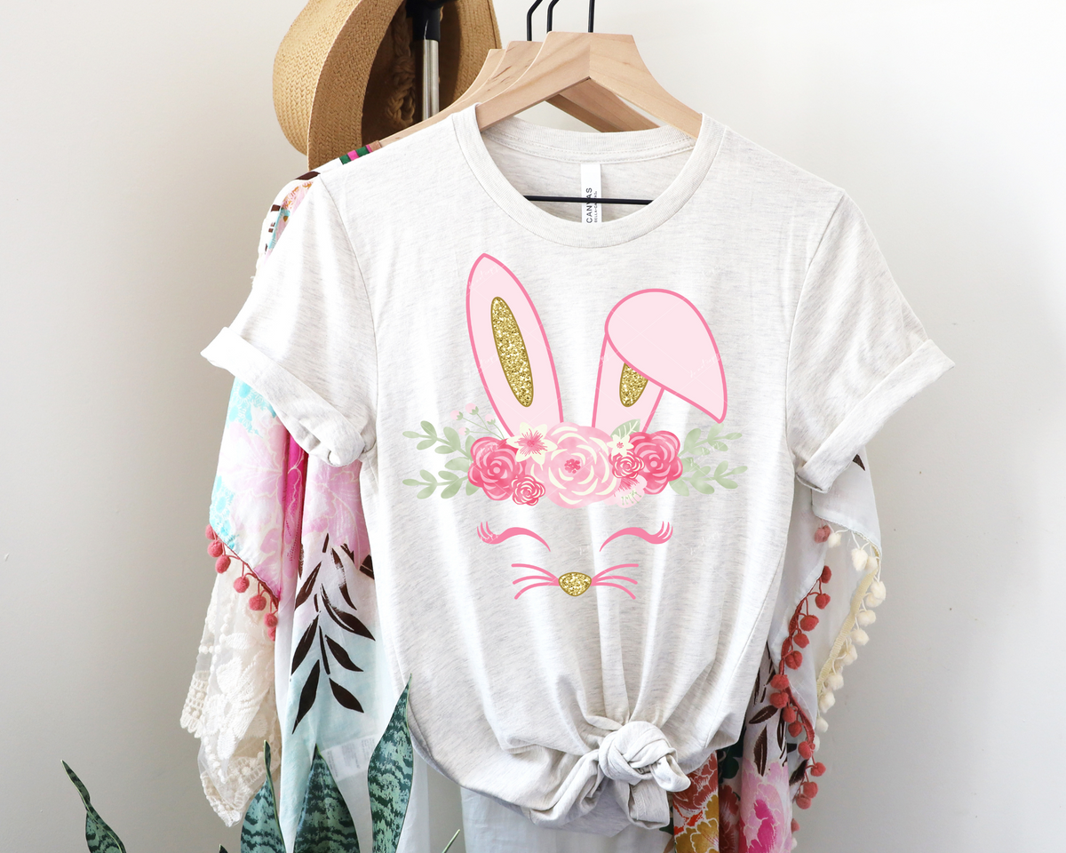 Bunny face, pink floral with pink and gold glitter ears 1257 DTF TRANSFER