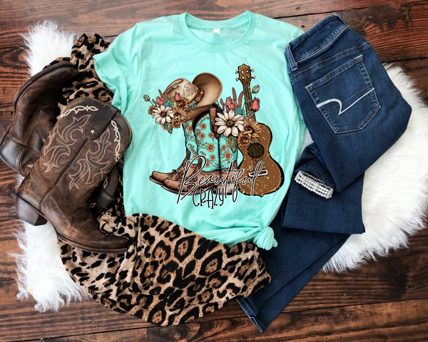 Beautiful Crazy (cowboy hat, boots guitar, floral) 8817 DTF Transfer