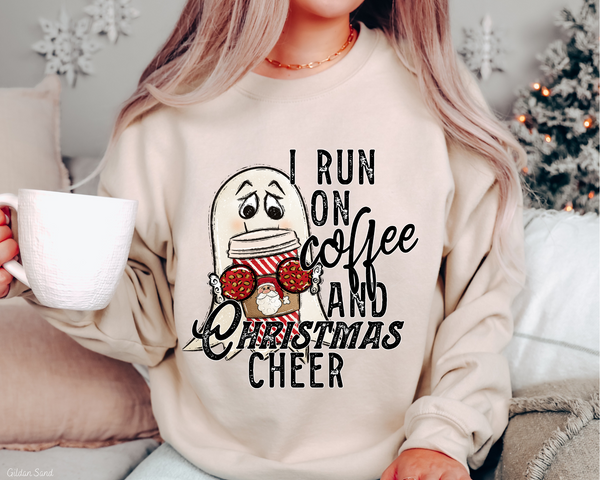 I Run On Coffee And Christmas Cheer Ghost With Coffee Mug (Black Font) DTF TRANSFER