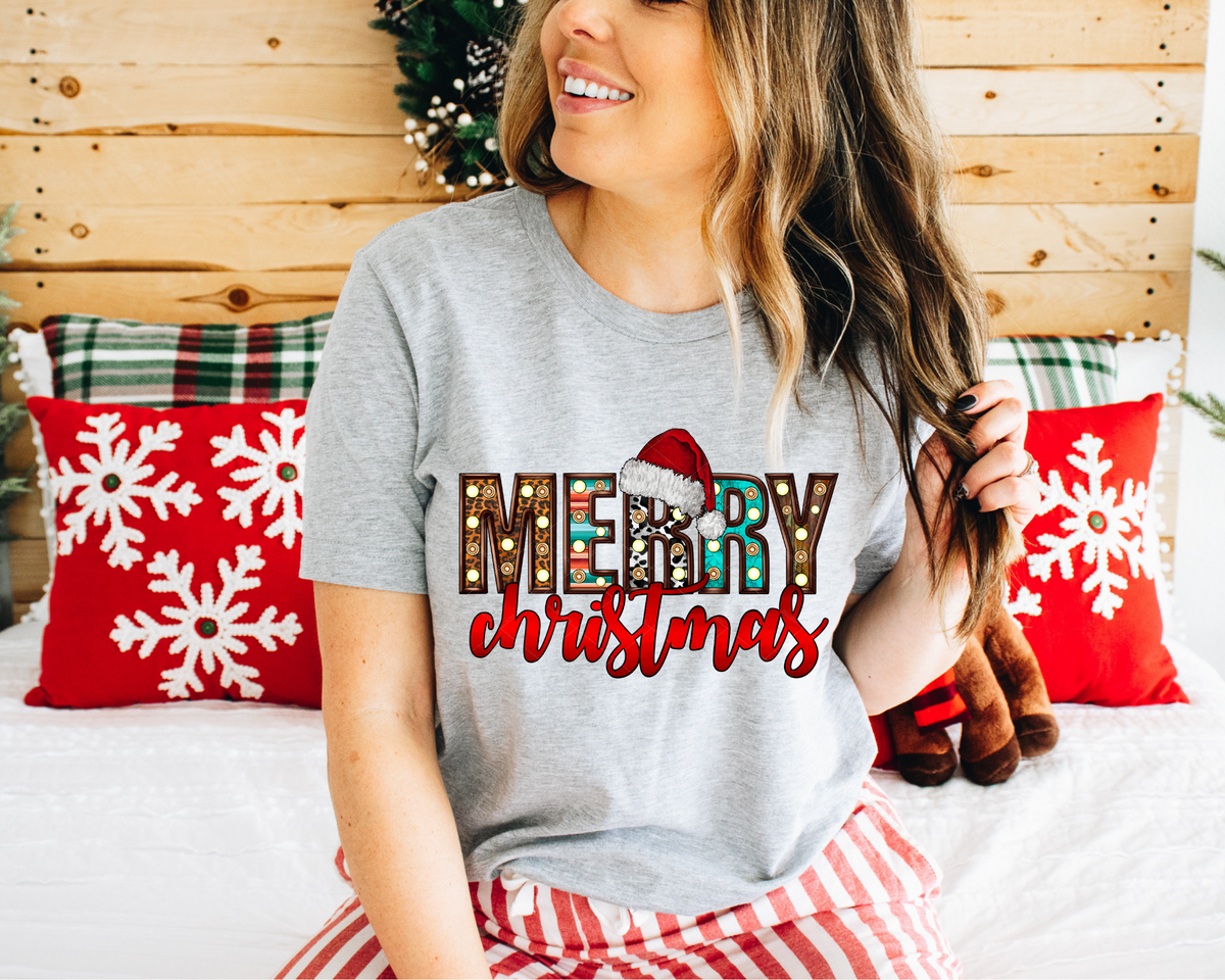 Merry Christmas Santa Hat (Light Bulb and Red Writing) DTF TRANSFER