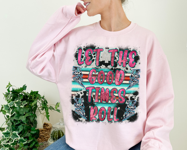 Let The Good Times Roll (western stripe pattern, cowhide print, lightning bolts, metallic pink lettering) 1675 DTF TRANSFER