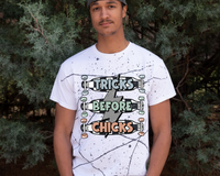 Tricks Before Chicks (skateboards, lightning bolt, blue, green, orange muted colors) DTF TRANSFER