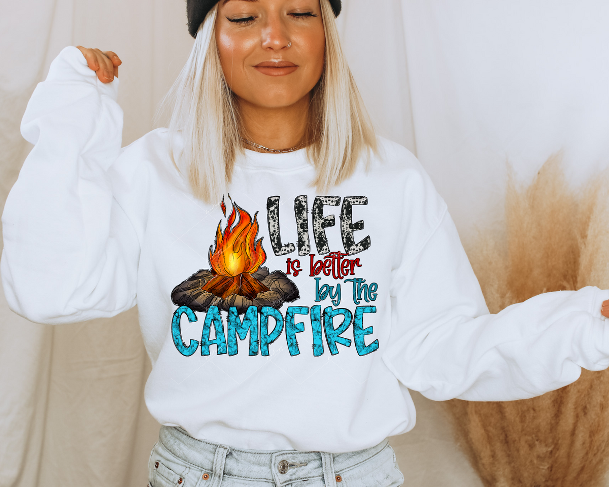 Life is Better by the Campfire (campfire, lettering filled with turquoise stone texture, cow print, red and blue handwriting) 1681 DTF TRANSFER