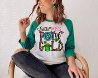 Little Miss Pot of Gold (leprechaun hat filled with gold coins, lettering pink/leopard print, turquoise pendant, clovers, heart) 1685 DTF TRANSFER