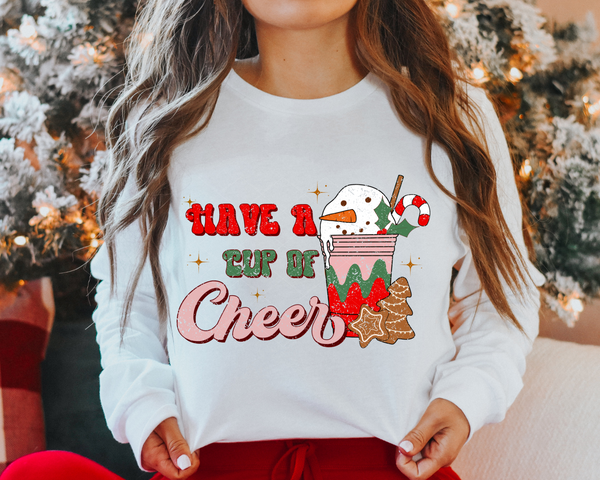 Have A Cup Of Cheer Coffee Cup Snowman Cookies Retro DTF TRANSFER