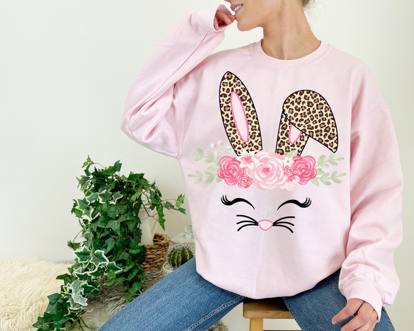 Bunny face, pink floral with LIGHT leopard and pink ears 1252 DTF TRANSFER