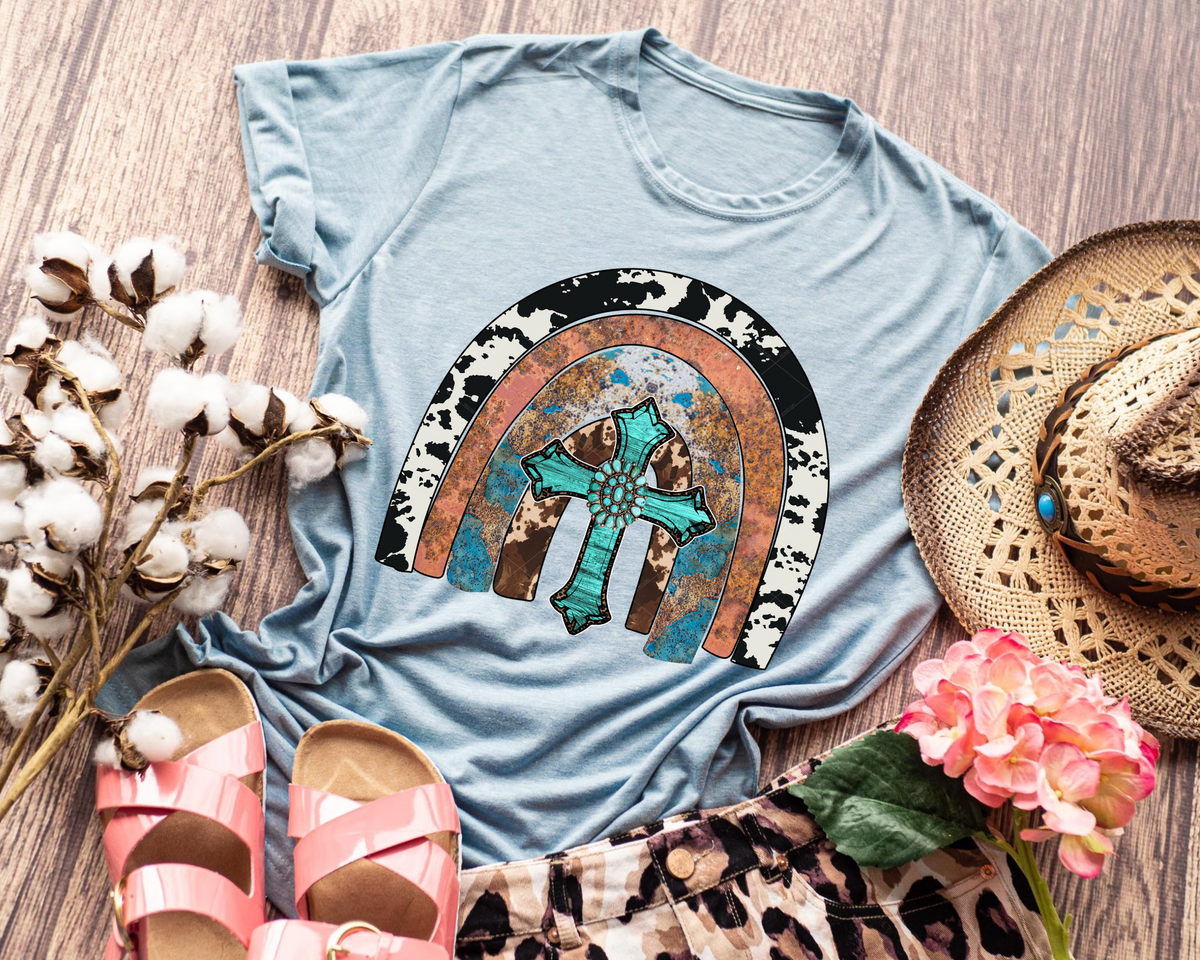Turquoise Cross Cow print Rainbow 112615 DTF TRANSFER