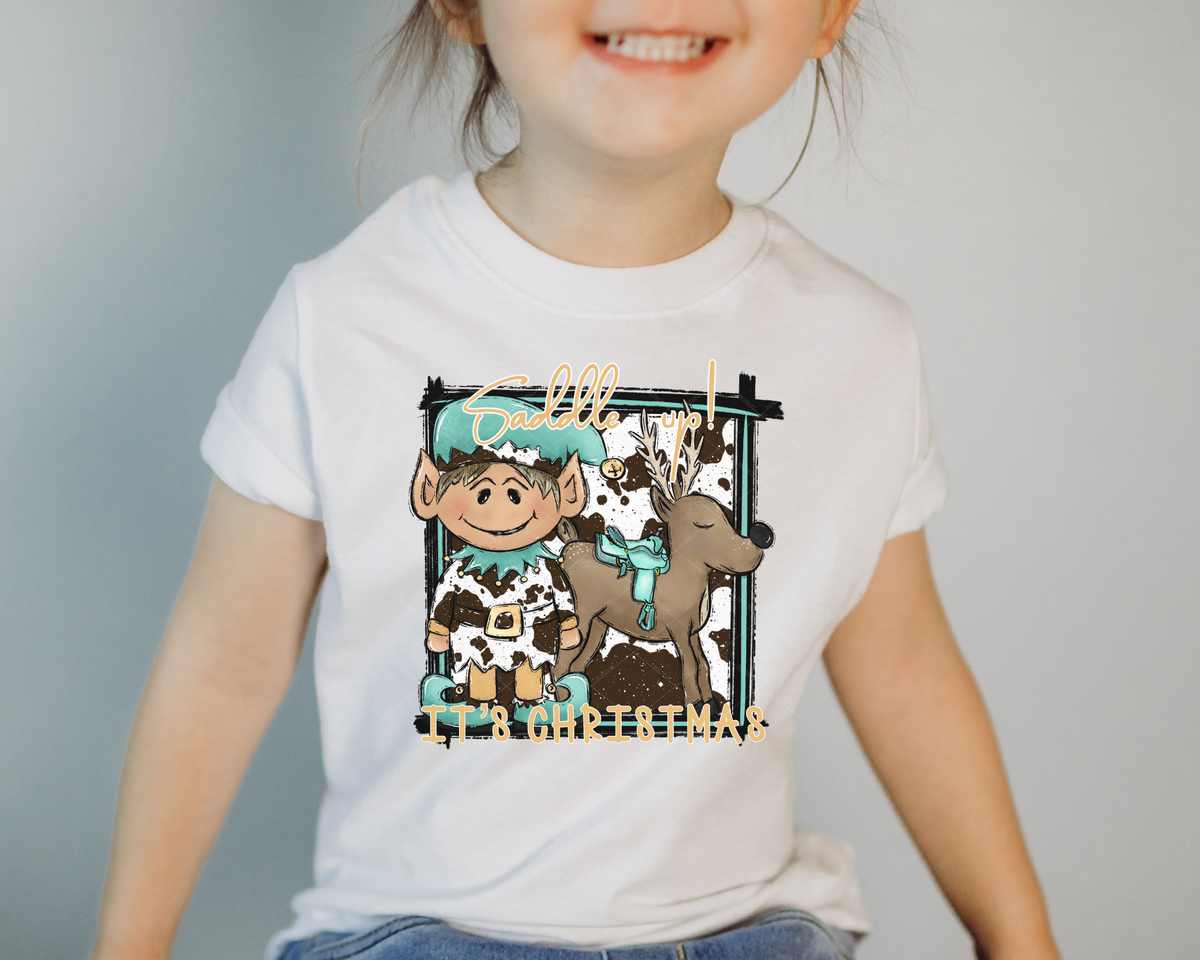 Saddle Up It's Christmas Male Elf Reindeer Teal 112383 DTF TRANSFER