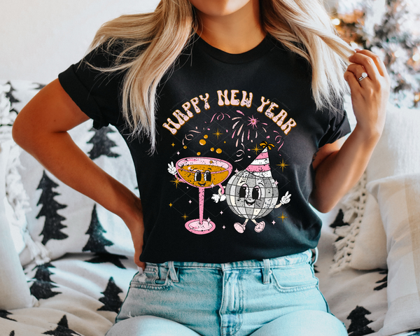 Happy New Year Disco Ball Champagne Retro (Pink Font) 393 DTF TRANSFER