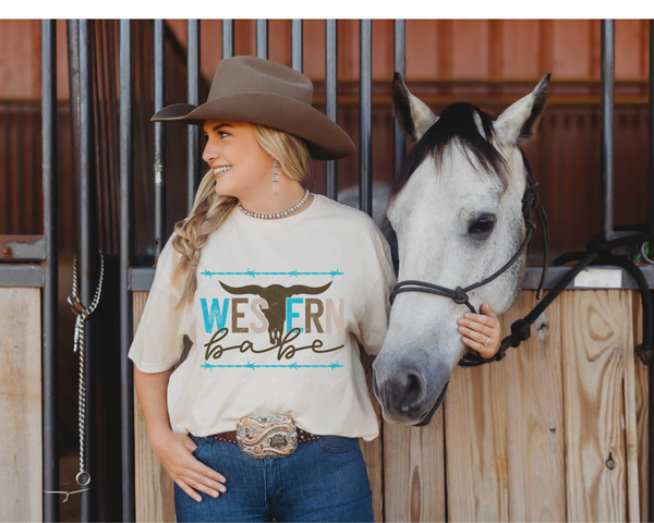 Western Babe (cow skull, barbwire, block distressed lettering, blue, brown, tan) DTF TRANSFER