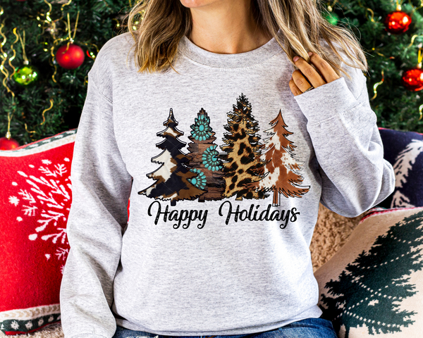 Happy Holiday's Western Cow Print Christmas Trees (Black Font) 8439 DTF TRANSFER