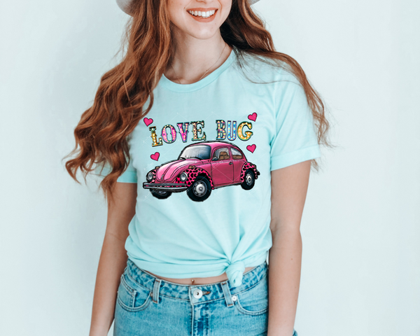 Love Bug (Vintage VW bug pink with pink leopard print fenders, marquee light lettering, pink hearts) 1698 DTF TRANSFER