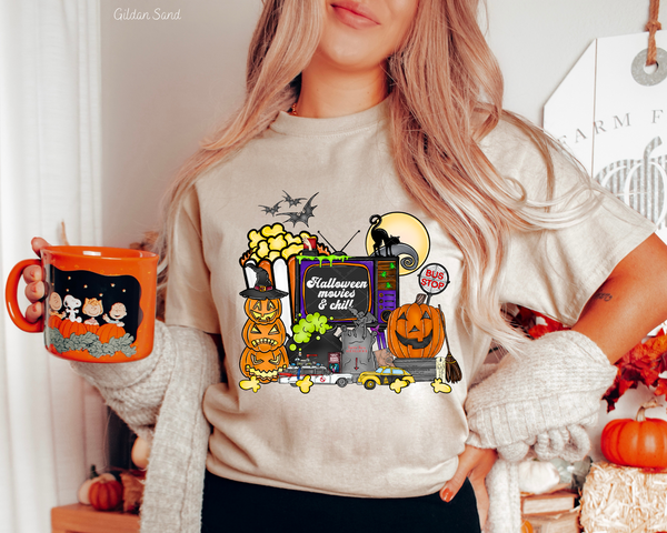 Halloween Movies And Chill Popcorn Pumpkins TV 389 DTF TRANSFER