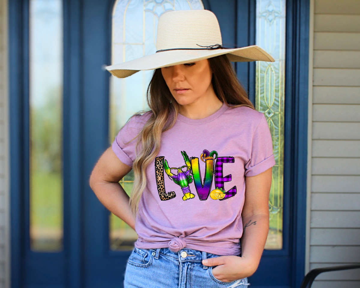 Love (lobster, lemon, block letters filled with jester hat, metallic purple, green, yellow, leopard print, purple plaid) 1732 DTF TRANSFER