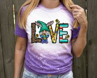 Love (gnome with bunny ears and green hat holding easter egg, sunflowers, block letters filled with western stripes, easter egg print, leopard print, purple plaid) 1700 DTF TRANSFER