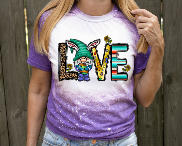 Love (gnome with bunny ears and green hat holding easter egg, sunflowers, block letters filled with western stripes, easter egg print, leopard print, purple plaid) 1700 DTF TRANSFER