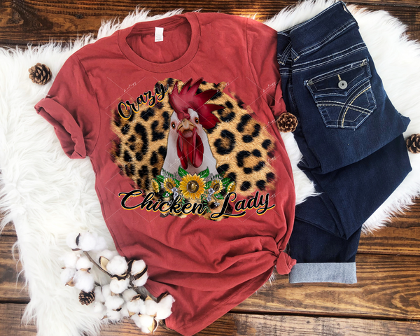 Crazy Chicken Lady (leopard print background, sunflowers, chicken head, black cursive lettering with golden drop shadow) 1303 DTF TRANSFER