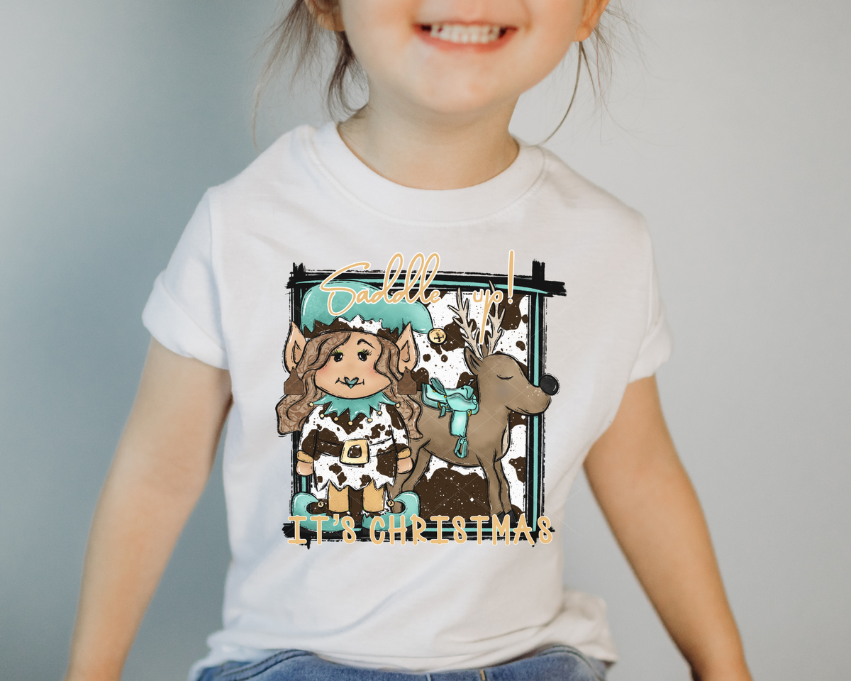 Saddle Up It's Christmas Female Elf Reindeer Teal 1105 DTF TRANSFER