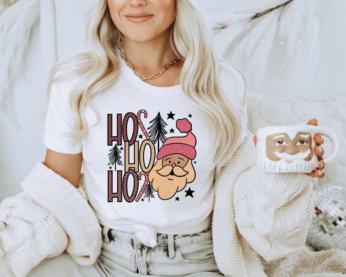 Ho Ho Ho Pink Hat Santa Christmas Black Colored Trees 3004 DTF TRANSFER