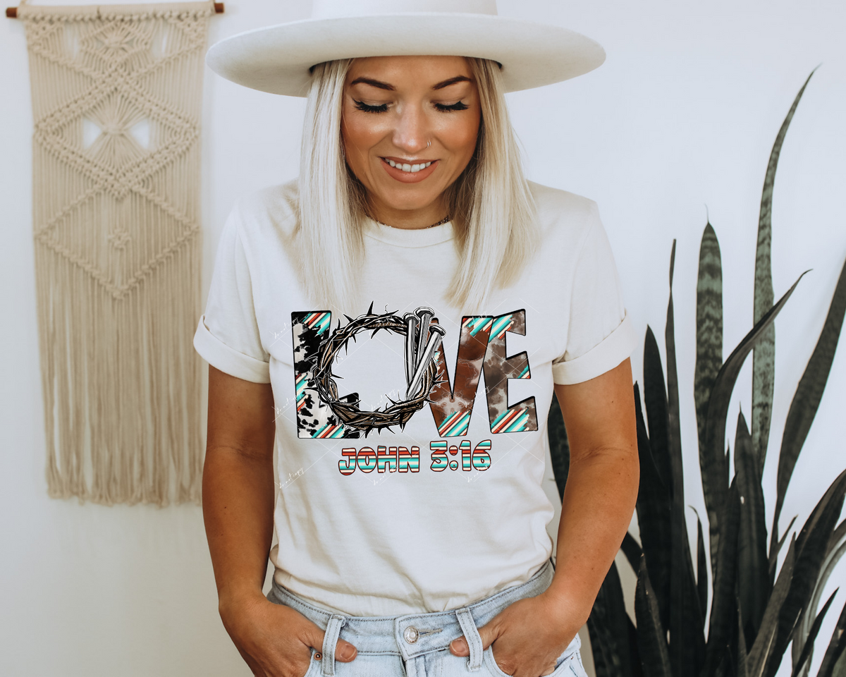 Love, John 3:16 (thorn crown with nails, block lettering filled with western print, cowhide print) 1727 DTF TRANSFER