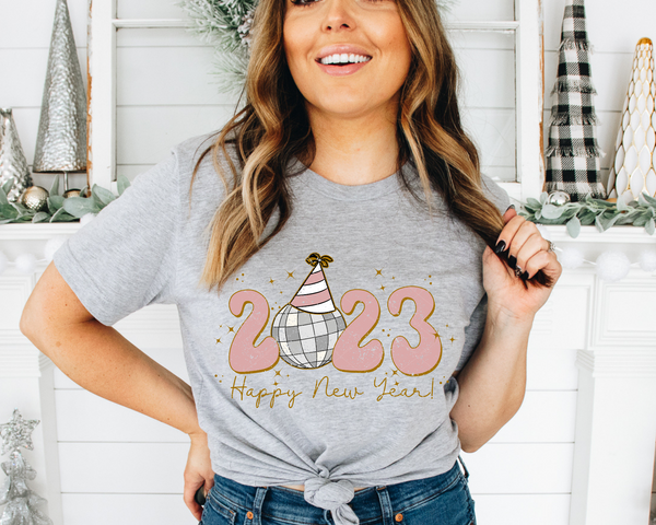 2023 Happy New Year Disco Ball Party Hat (Pink Gold Font) 8516 DTF TRANSFER