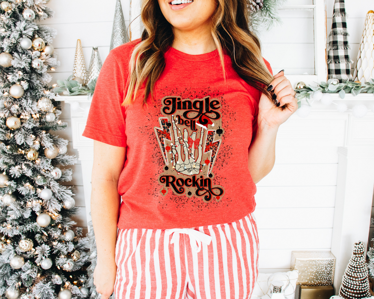 Jingle Bell Rockin Skeleton Hand Lighting Bolt Leopard (Black Font) 166 DTF TRANSFER