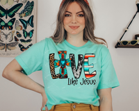 Love Like Jesus (western pattern filled cross, block lettering filled with western print, cowhide print and leopard print, black line lettering) 1728 DTF TRANSFER