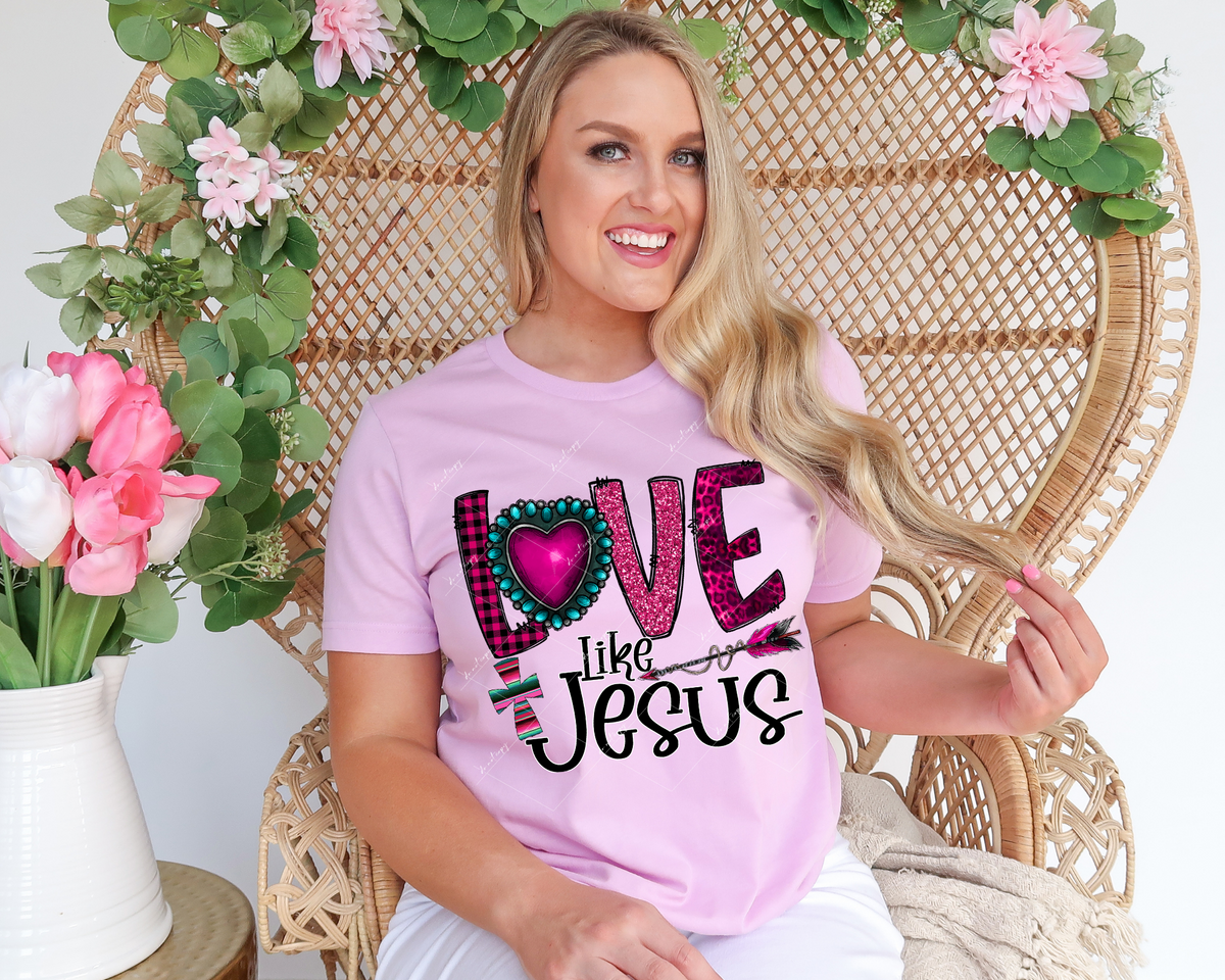 Love Like Jesus (pink western pattern filled cross, arrow, pink jewel pendant, block lettering filled with pink plaid print, pink glitter and pink leopard print, black line lettering) 1729 DTF TRANSFER