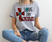 Love Like Jesus (red plaid filled cross, turquoise pendant, block lettering filled with red/black plaid print, leopard print, black line lettering) 1731 DTF TRANSFER