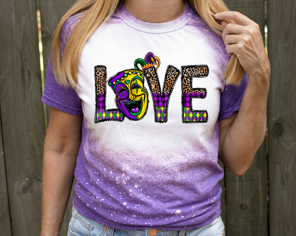 Love (Mardi gras colors, comedy mask, jester hat, lettering filled with plaid, leopard print) 1733 DTF TRANSFER