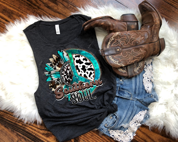 Southern soul (teal, brown, cow print, peace sign, feathers) 1843 DTF TRANSFER