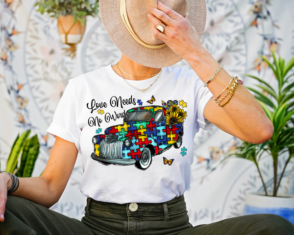 Love Needs No Words slanted truck (vintage truck made from puzzle pieces, sunflowers, butterflies) 1734 DTF TRANSFER