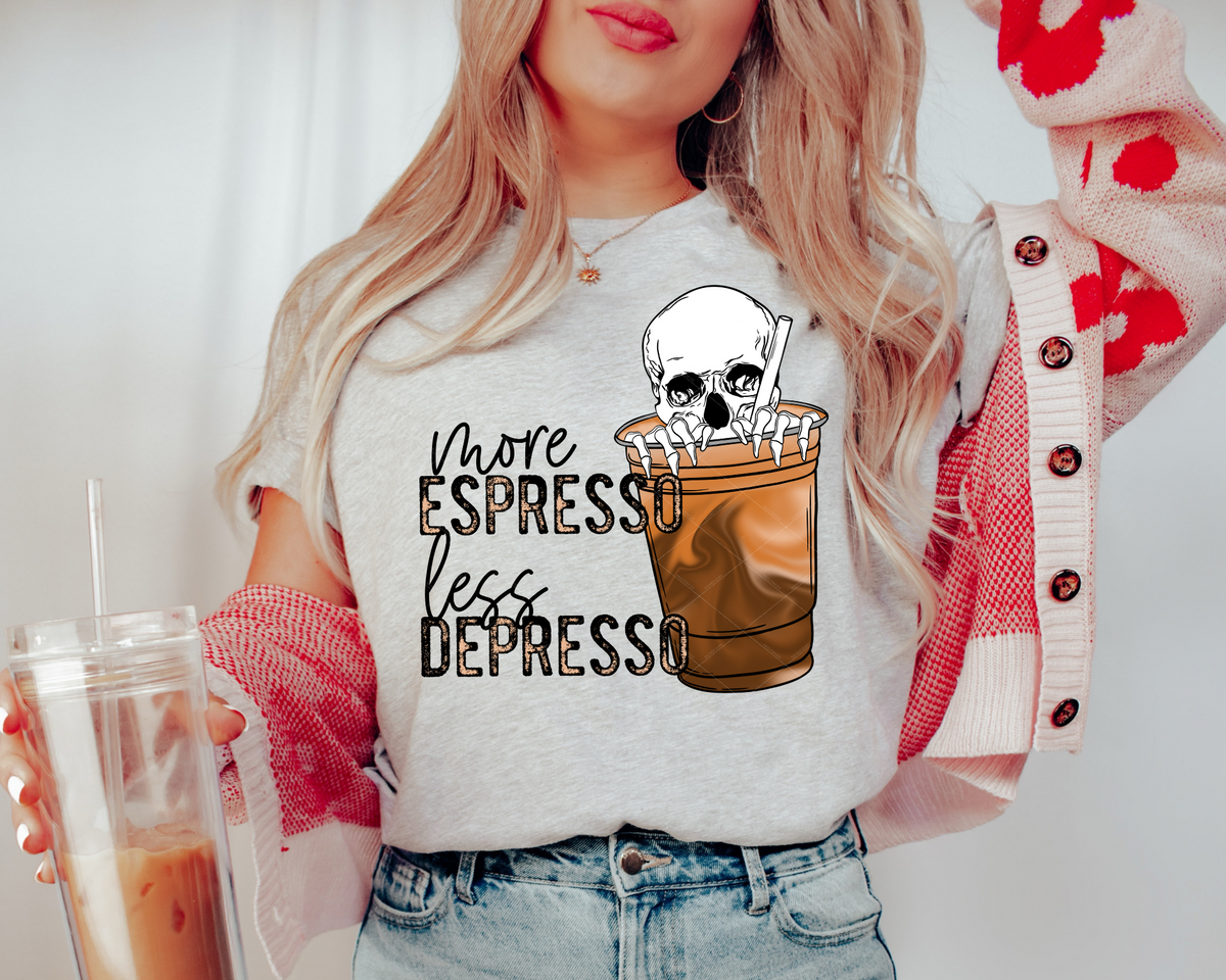 More Espresso Less Depresso Coffee Cup Skeleton 112404 DTF TRANSFER