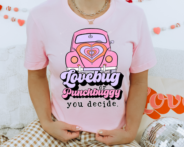 Lovebug Or Punchbuggy You Decide (Pink VW bug with heart on hood, 70's retro lettering with type font) 1729 DTF TRANSFER