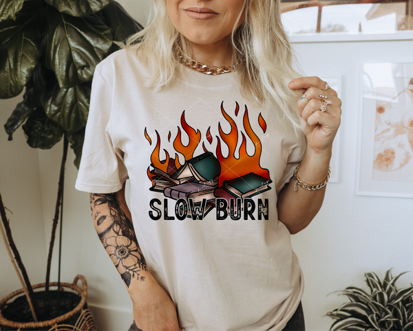 Slow Burn (books burning, bright flames, block distressed black lettering) 8819 DTF Transfer