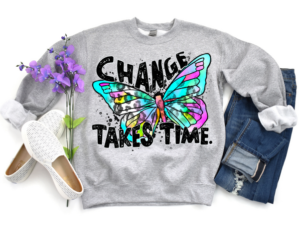 Change Takes Time (butterfly, bright colors with leopard print background) 2351 DTF Transfer